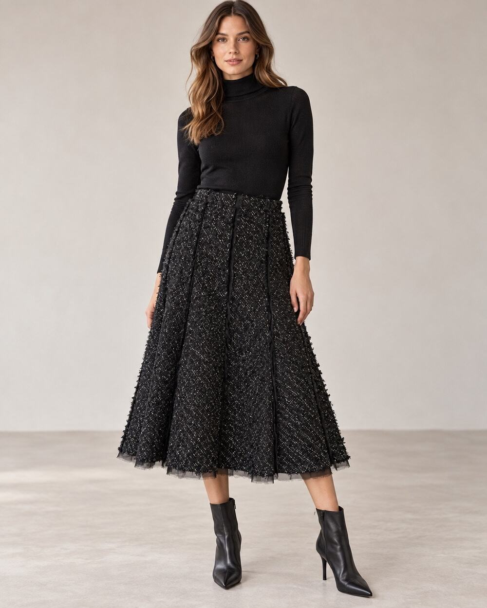 Deconstructed Exposed Seam Black Tweed Midi Skirt Elie Tahari Alpaca Wool NWT 10